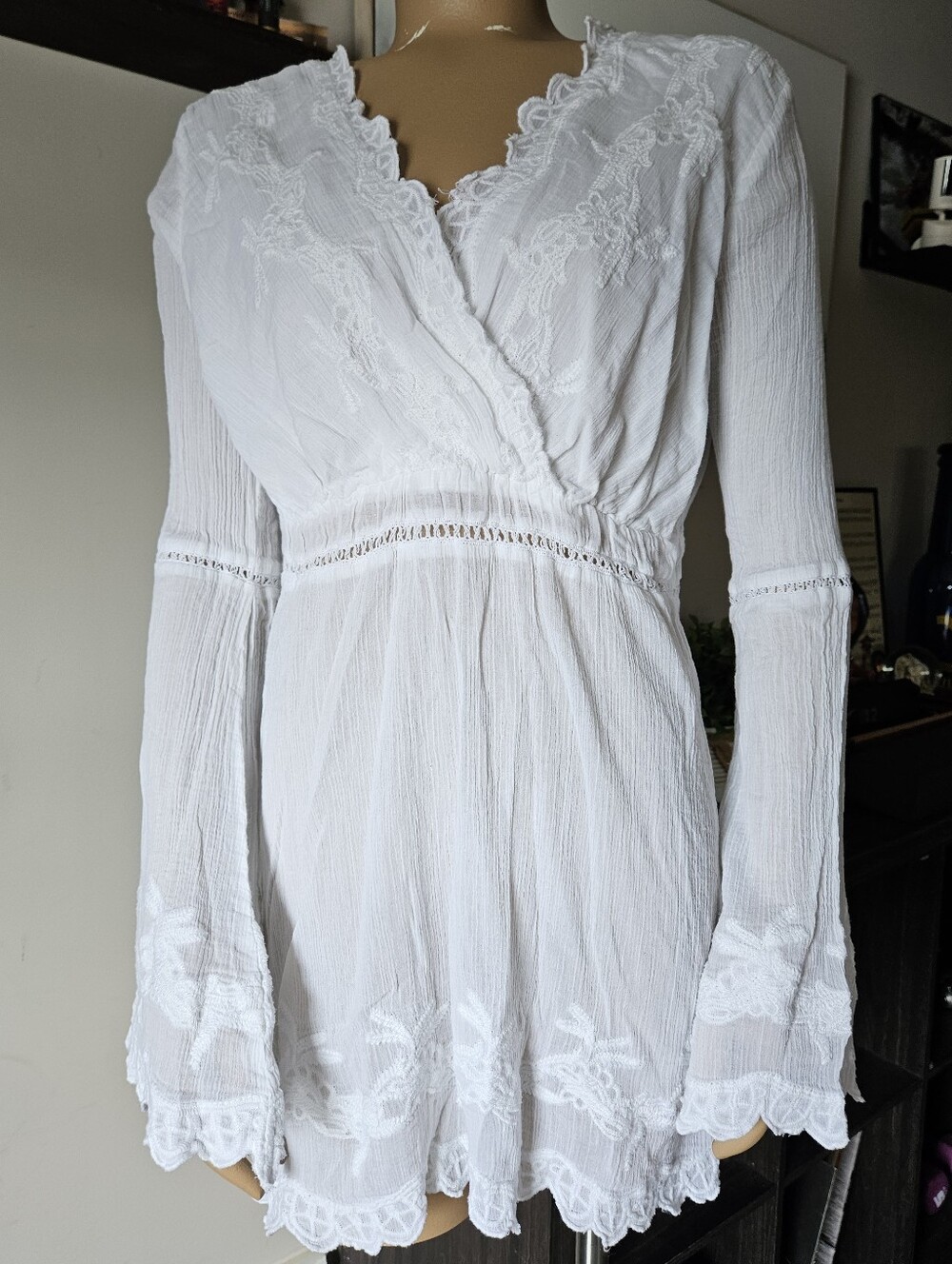 Bohemian Shabby Chic Womens White Lace Trim Long Sleeve Tunic Feminine L Airy